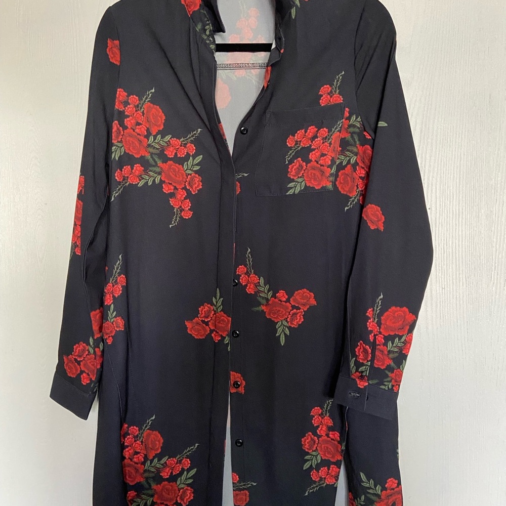 Boohoo Black Floral Button-Up Shirt